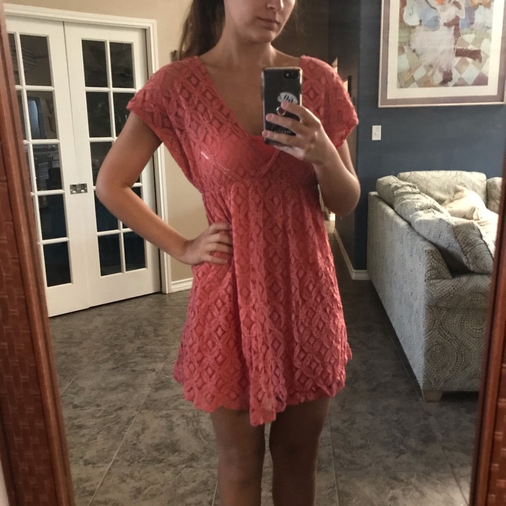 Coral Lace Mini Dress